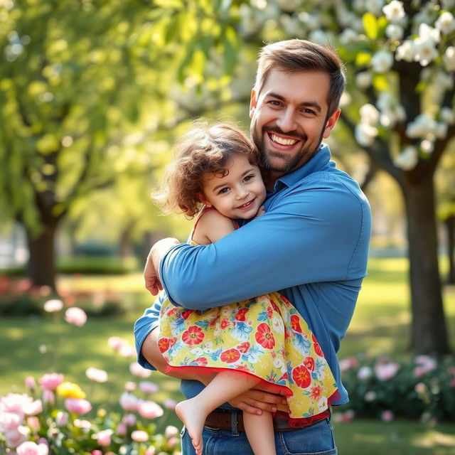 A heartwarming scene of a father hugging his young daughter in a park on a sunny day