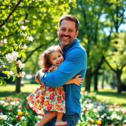 A heartwarming scene of a father hugging his young daughter in a park on a sunny day