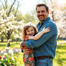 A heartwarming scene of a father hugging his young daughter in a park on a sunny day