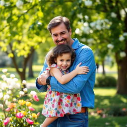 A heartwarming scene of a father hugging his young daughter in a park on a sunny day