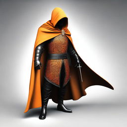 This is a digital art image of exceptional quality, featuring an orange cloak, a black and orange shield, and a black scimitar