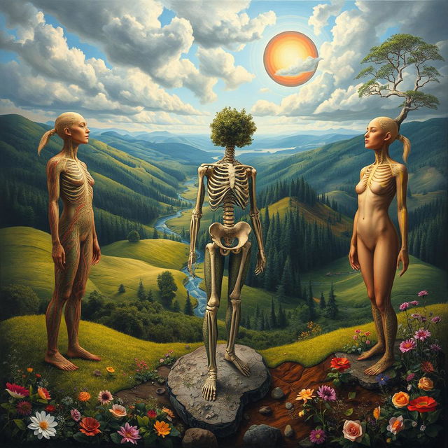 A surrealist painting symbolizing people as landscapes, where the human body blends seamlessly into the environment