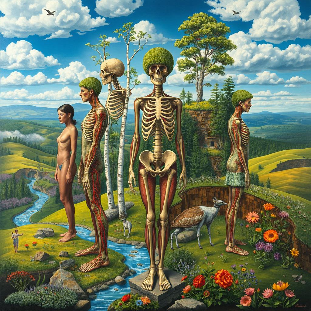 A surrealist painting symbolizing people as landscapes, where the human body blends seamlessly into the environment