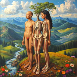 A surrealist painting symbolizing people as landscapes, where the human body blends seamlessly into the environment