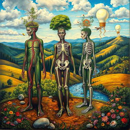 A surrealist painting symbolizing people as landscapes, where the human body blends seamlessly into the environment