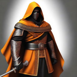 This is a digital art image of exceptional quality, featuring an orange cloak, a black and orange shield, and a black scimitar