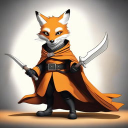 This is a high-quality digital art image featuring a fox in an orange cloak, wielding a black and orange shield and a black scimitar