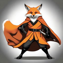 This is a high-quality digital art image featuring a fox in an orange cloak, wielding a black and orange shield and a black scimitar