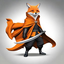 This is a high-quality digital art image featuring a fox in an orange cloak, wielding a black and orange shield and a black scimitar