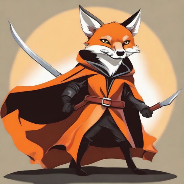 This is a high-quality digital art image featuring a fox in an orange cloak, wielding a black and orange shield and a black scimitar