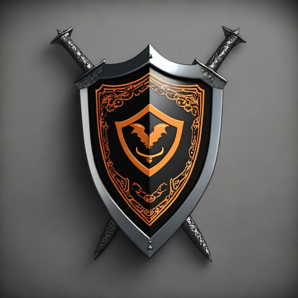 This is a high-quality digital art image showcasing a black and orange shield alongside a black scimitar