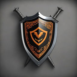 This is a high-quality digital art image showcasing a black and orange shield alongside a black scimitar