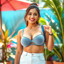A stunningly beautiful Filipina woman, 26 years old, with a slender yet curvy figure featuring large breasts