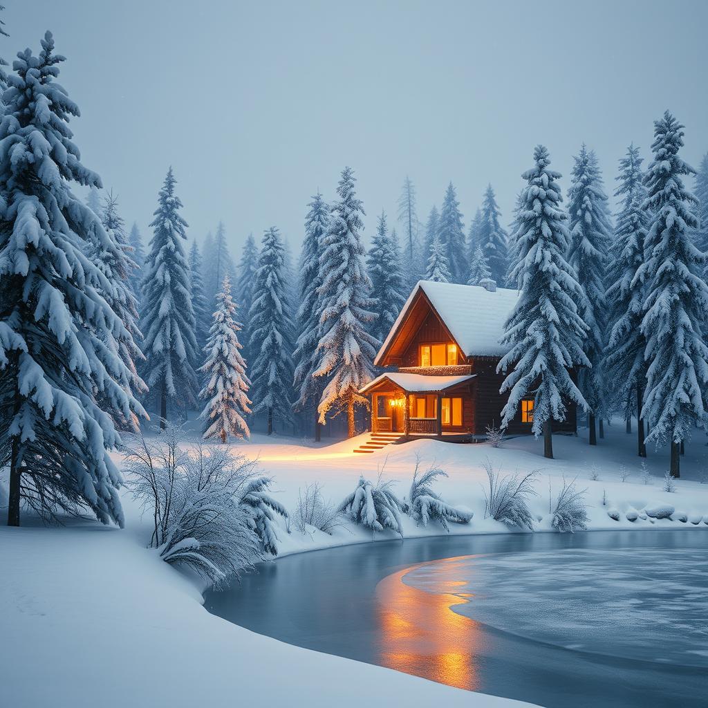 A serene winter landscape featuring a cozy cabin in the woods, blanketed in fresh, fluffy snow