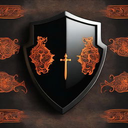 This is a high-quality digital art image showcasing a black and orange shield alongside a black scimitar
