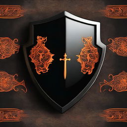 This is a high-quality digital art image showcasing a black and orange shield alongside a black scimitar