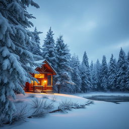 A serene winter landscape featuring a cozy cabin in the woods, blanketed in fresh, fluffy snow