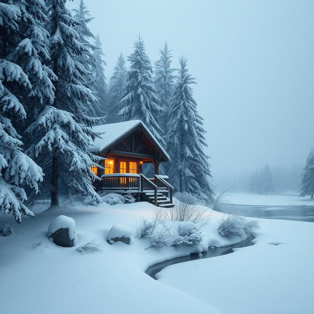 A serene winter landscape featuring a cozy cabin in the woods, blanketed in fresh, fluffy snow