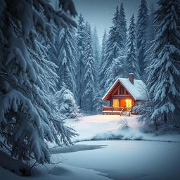 A serene winter landscape featuring a cozy cabin in the woods, blanketed in fresh, fluffy snow