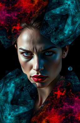 A striking and emotive portrayal of a woman embodying the themes of schizophrenia and madness