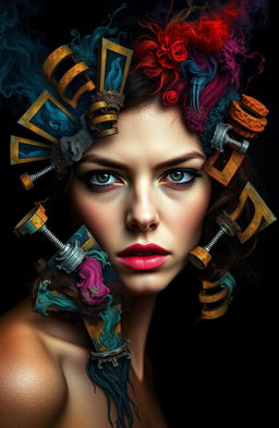 A striking and emotive portrayal of a woman embodying the themes of schizophrenia and madness