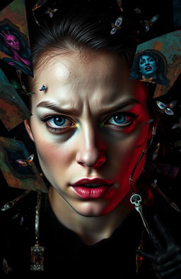 A striking and emotive portrayal of a woman embodying the themes of schizophrenia and madness