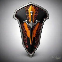 This is a high-quality digital art image showcasing a black and orange shield alongside a black scimitar