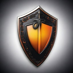 This is a high-quality digital art image showcasing a black and orange shield alongside a black scimitar