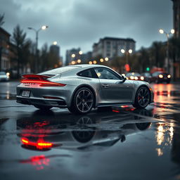 A stunning Porsche 911 parked on a wet, reflective street during a rainstorm