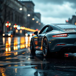 A stunning Porsche 911 parked on a wet, reflective street during a rainstorm