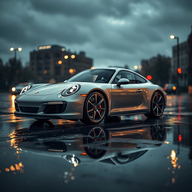 A stunning Porsche 911 parked on a wet, reflective street during a rainstorm