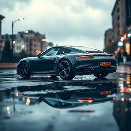 A stunning Porsche 911 parked on a wet, reflective street during a rainstorm