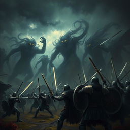 An epic battle scene depicting a dark shadow uprising against humans