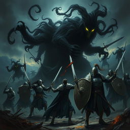 An epic battle scene depicting a dark shadow uprising against humans