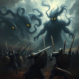 An epic battle scene depicting a dark shadow uprising against humans