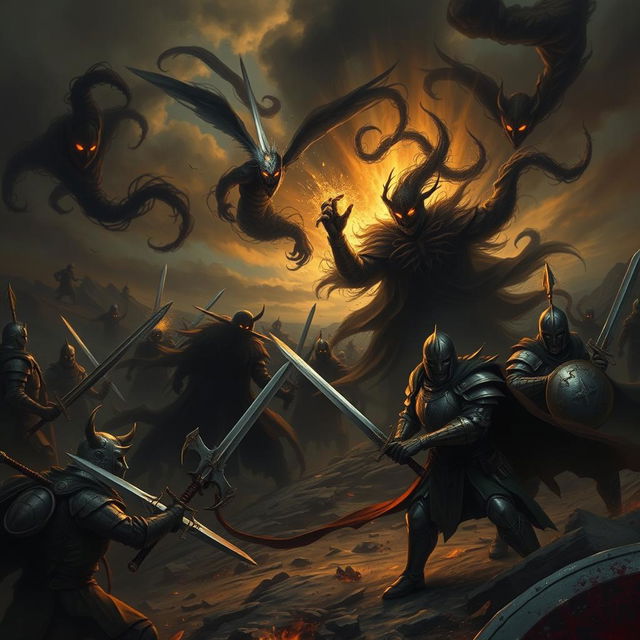 An epic battle scene depicting a dark shadow uprising against humans