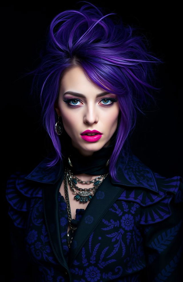 A stylish and captivating woman with violet hair, wearing a dramatic and avant-garde outfit that embodies the essence of creativity and insanity