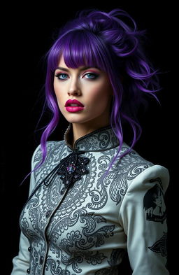 A stylish and captivating woman with violet hair, wearing a dramatic and avant-garde outfit that embodies the essence of creativity and insanity