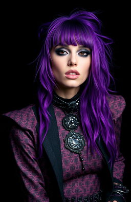 A stylish and captivating woman with violet hair, wearing a dramatic and avant-garde outfit that embodies the essence of creativity and insanity