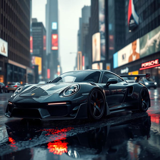 A futuristic widebody Porsche 911 cruising through a rain-soaked city street