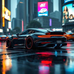 A futuristic widebody Porsche 911 cruising through a rain-soaked city street