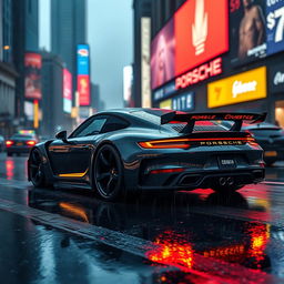 A futuristic widebody Porsche 911 cruising through a rain-soaked city street