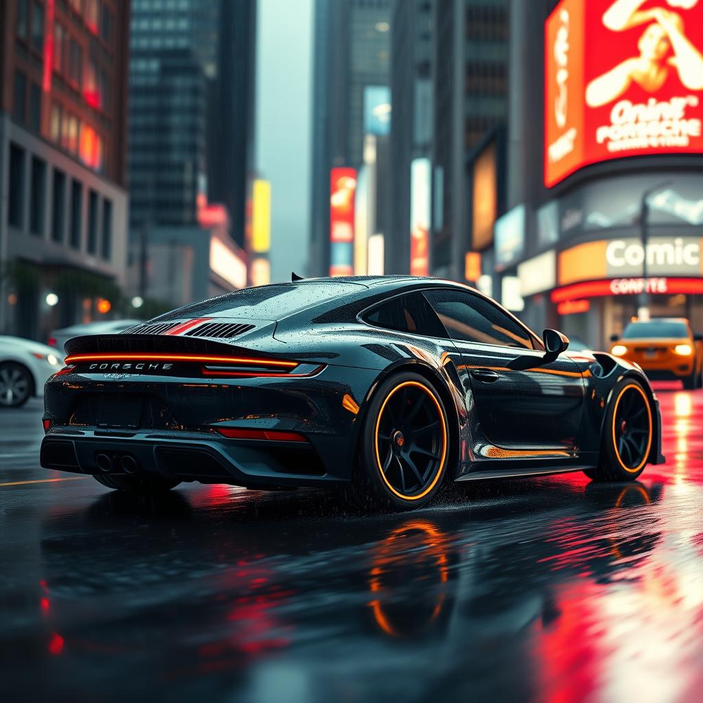 A futuristic widebody Porsche 911 cruising through a rain-soaked city street