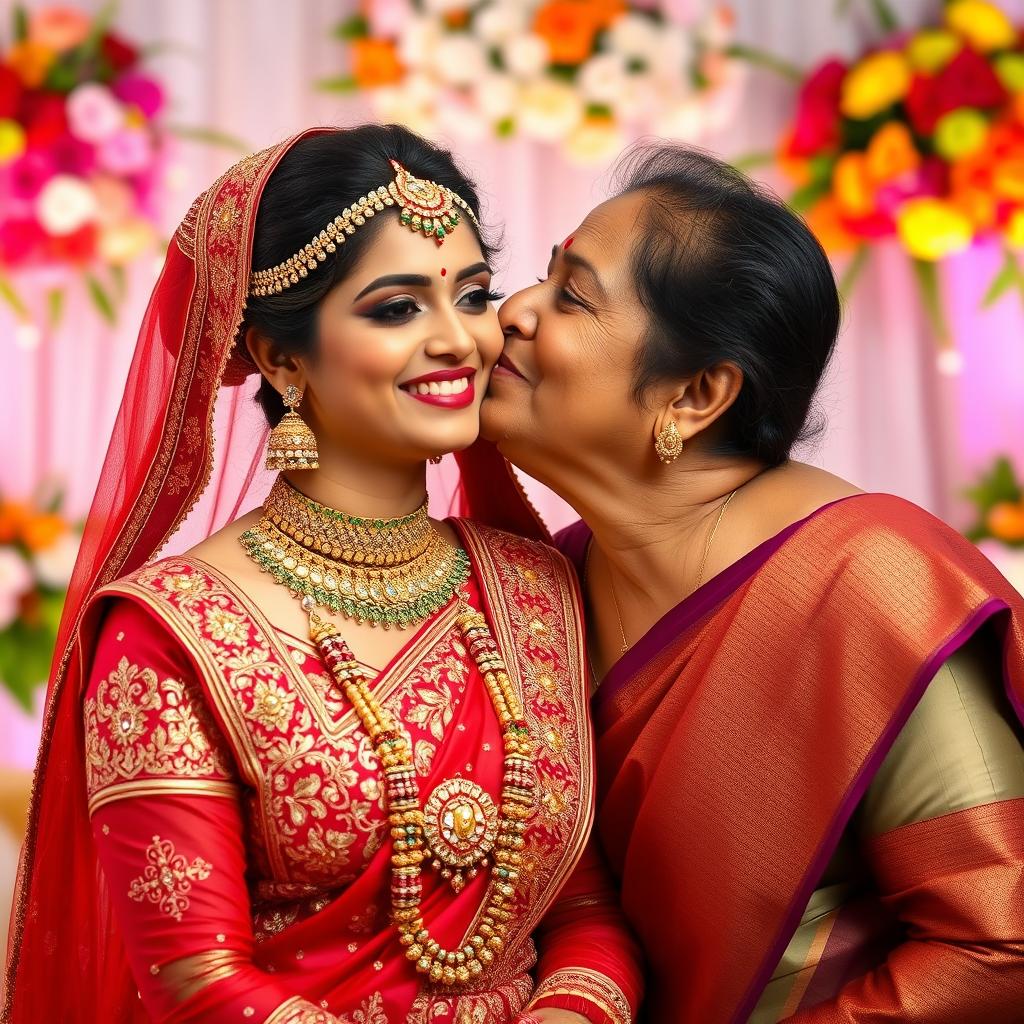 A heartfelt moment capturing an Indian mother tenderly kissing her daughter's cheek on the day of her wedding