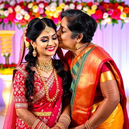 A heartfelt moment capturing an Indian mother tenderly kissing her daughter's cheek on the day of her wedding