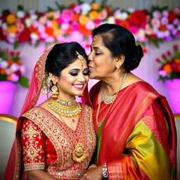 A heartfelt moment capturing an Indian mother tenderly kissing her daughter's cheek on the day of her wedding