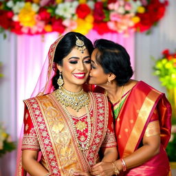 A heartfelt moment capturing an Indian mother tenderly kissing her daughter's cheek on the day of her wedding