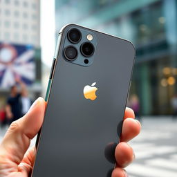 A close-up view of an iPhone 16 Pro Max, showcasing its sleek design features such as the vibrant Super Retina XDR display, the advanced camera system with multiple lenses on the back, and the distinctive Apple logo