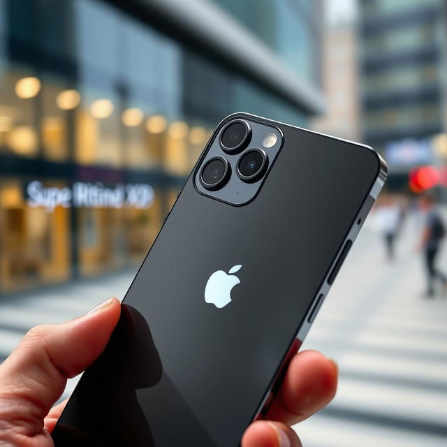 A close-up view of an iPhone 16 Pro Max, showcasing its sleek design features such as the vibrant Super Retina XDR display, the advanced camera system with multiple lenses on the back, and the distinctive Apple logo