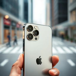 A close-up view of an iPhone 16 Pro Max, showcasing its sleek design features such as the vibrant Super Retina XDR display, the advanced camera system with multiple lenses on the back, and the distinctive Apple logo